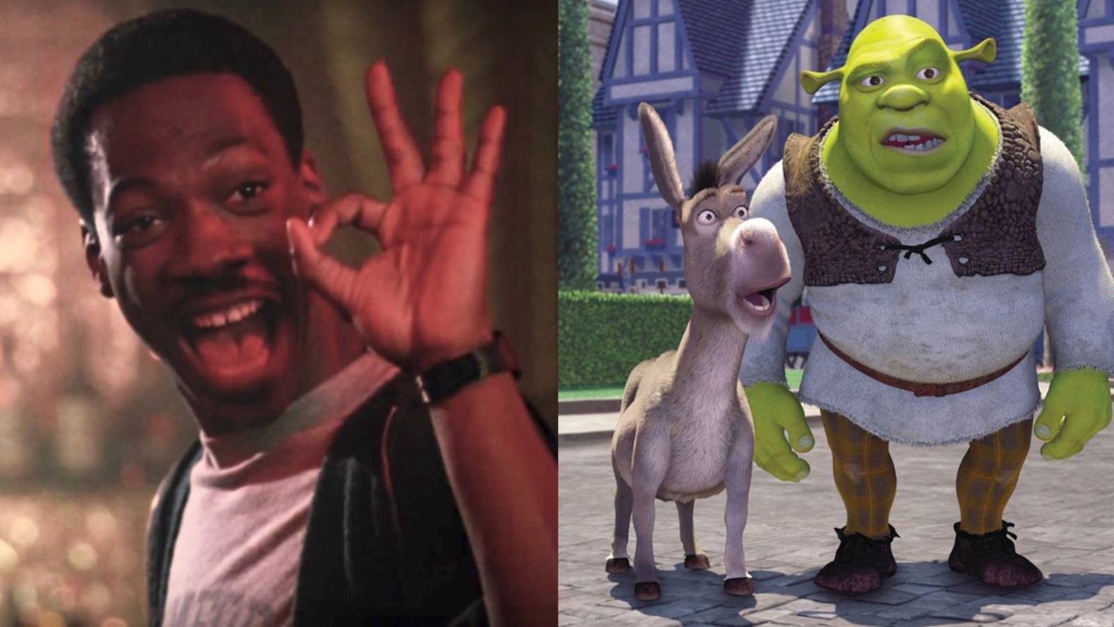 Split image of Axel Foley in Beverly Hills Cop and Shrek and Donkey in Shrek