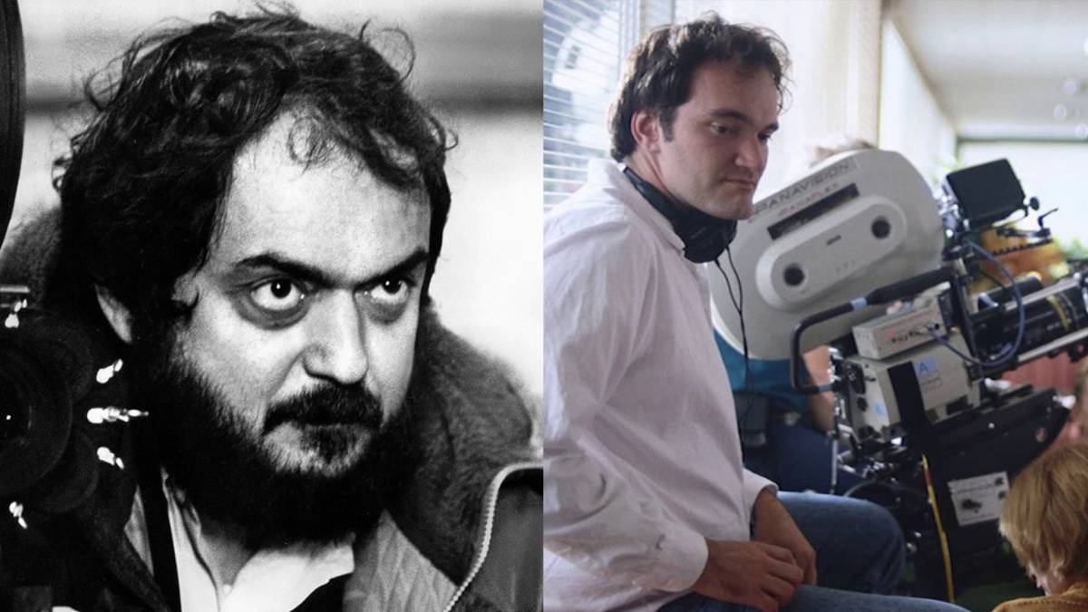 Split image of Stanley Kubrick and Quentin Tarantino working with cameras