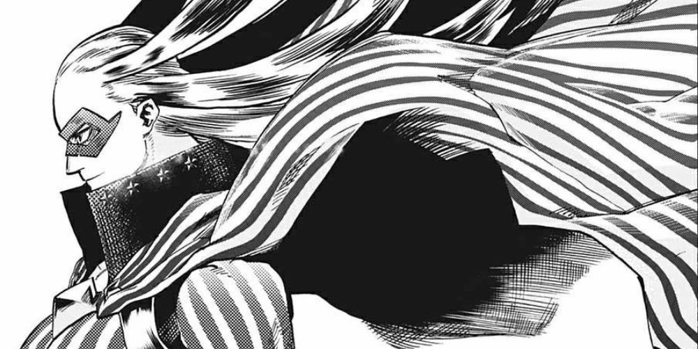 a manga panel of a muscular woman with her hair slicked back in 6 prongs, draped in striped clothing