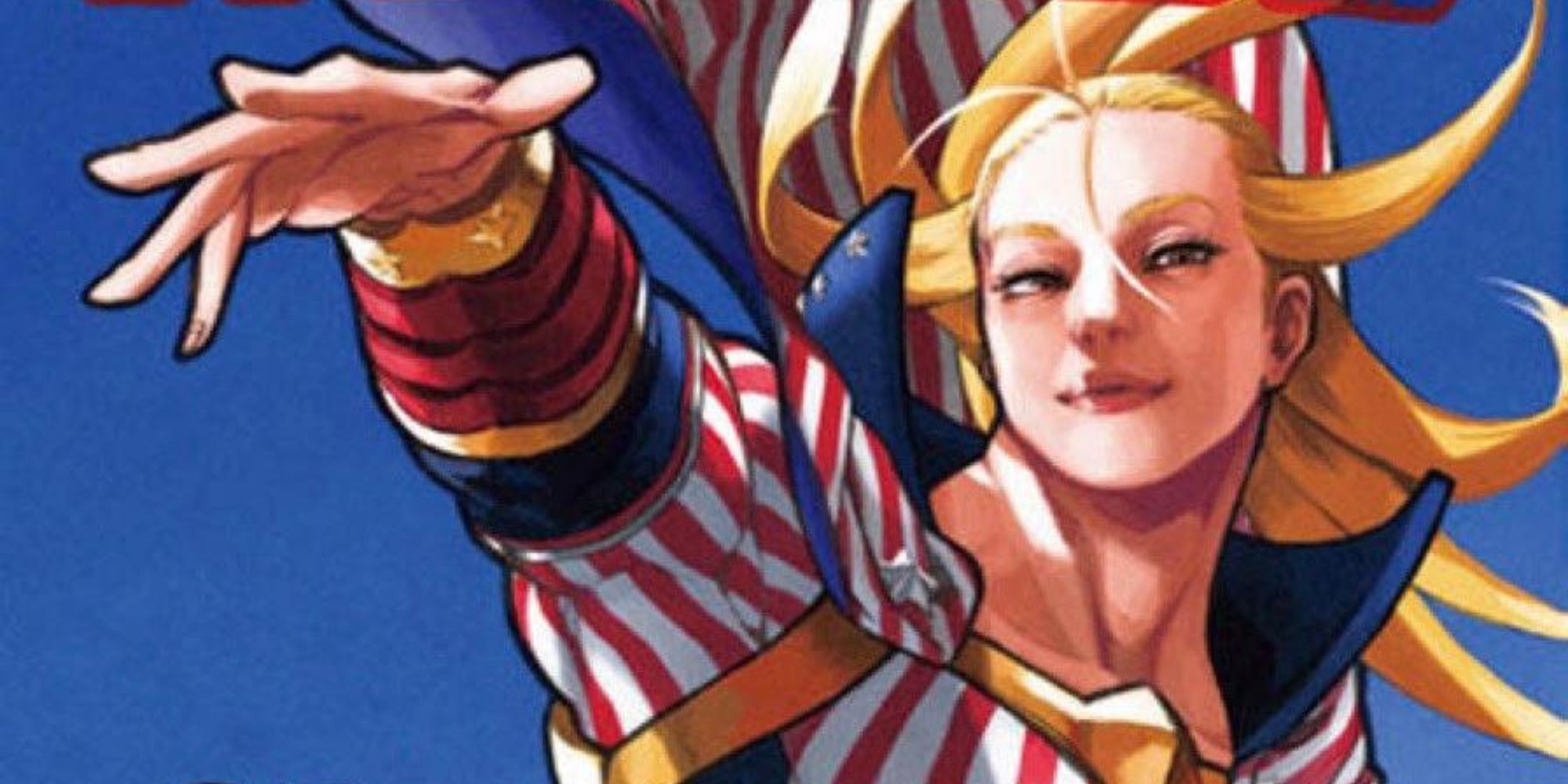 manga art of a muscular blonde woman wearing a superhero costume covered in the american flag