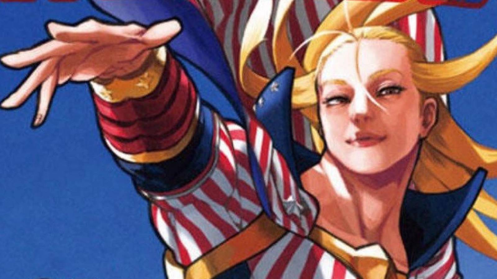 manga art of a muscular blonde woman wearing a superhero costume covered in the american flag
