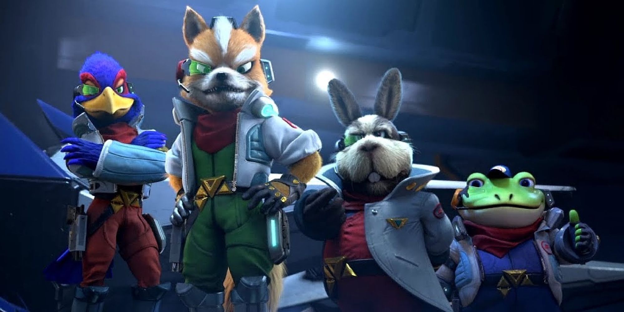Fox, Falco, Peppy, and Slippy posing in a cutscene from Starlink: Battle for Atlas