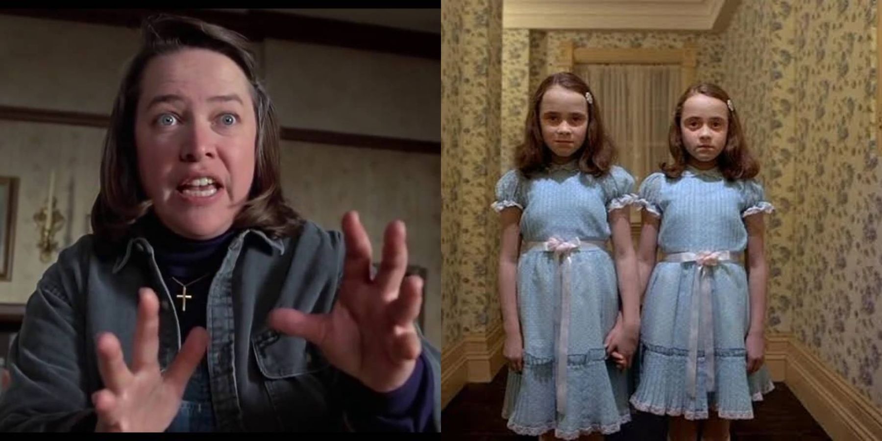 Split image of Annie Wilkes (Kathy Bates) in Misery and the twins in The Shining