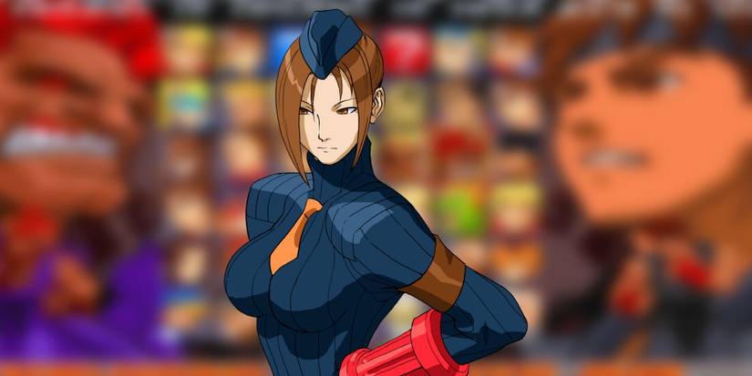 Juli in front of a blurred character select screen from Street Fighter Alpha 3