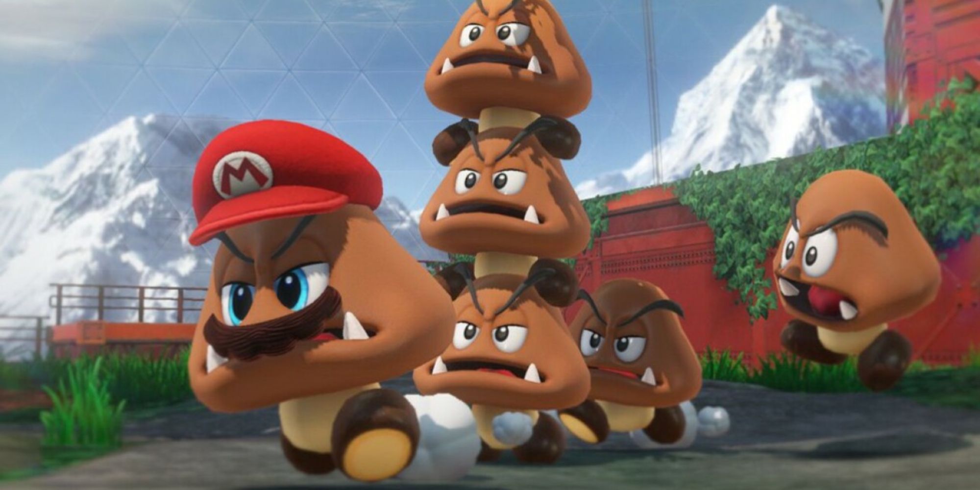 A tower of Goombas pursue a Goomba Mario in Super Mario Odyssey