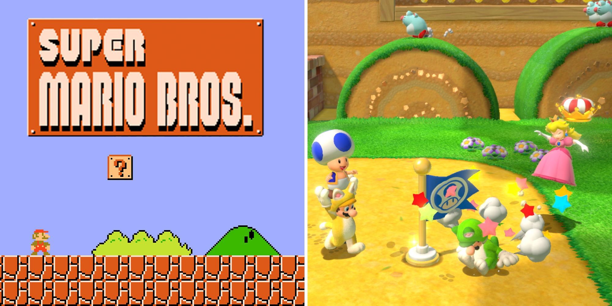 First image shows the original Super Mario Bros and the second image shows several characters dashing and holding each other in Super Mario 3D World