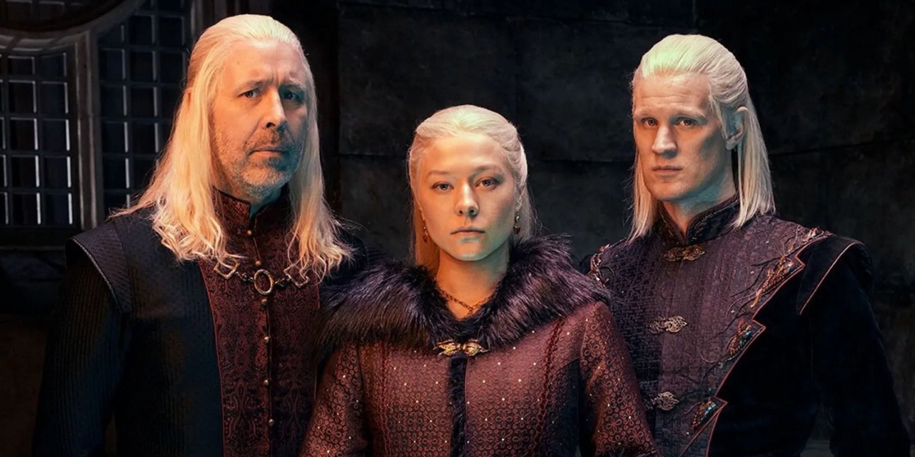 House of the Dragon Paddy Considine as King Viserys, Emma D'Arcy as Rhaenyra, and Matt Smith as Daemon Targaryen