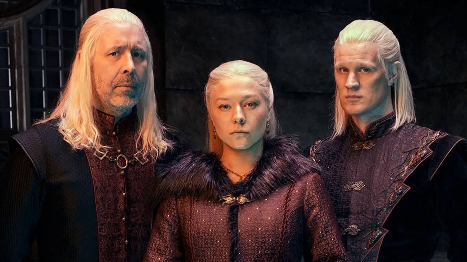 House of the Dragon Paddy Considine as King Viserys, Emma D'Arcy as Rhaenyra, and Matt Smith as Daemon Targaryen