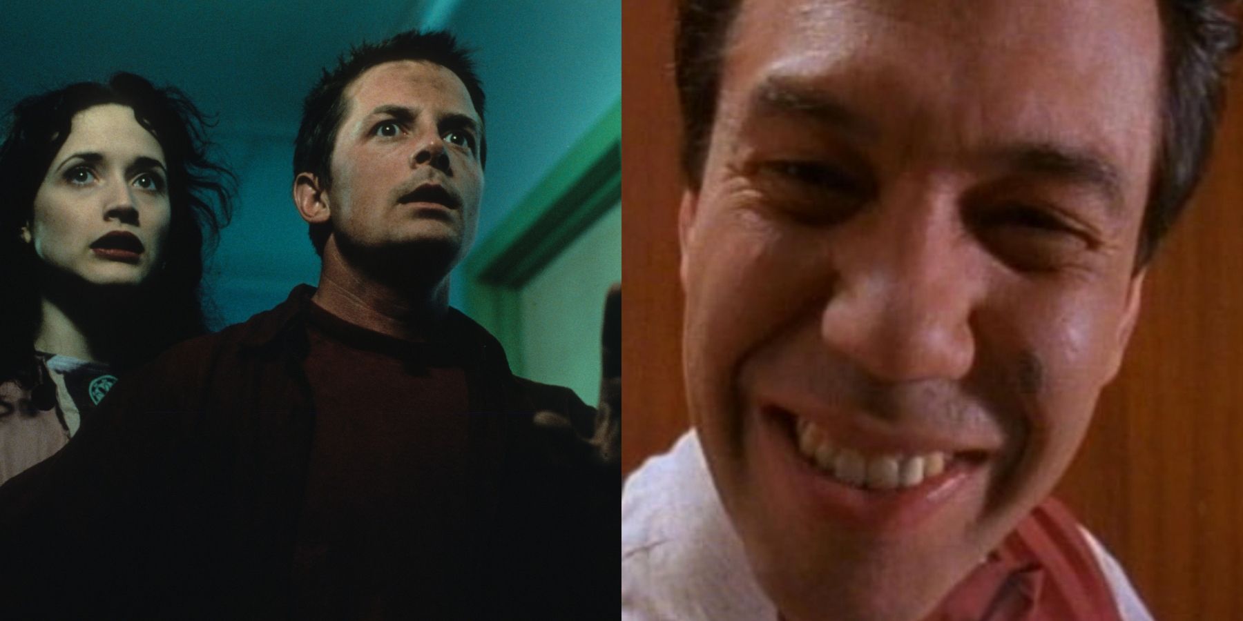 Split image of Michael J. Fox in The Frighteners and a grinning man looking creepy in Are You Afraid Of The Dark?