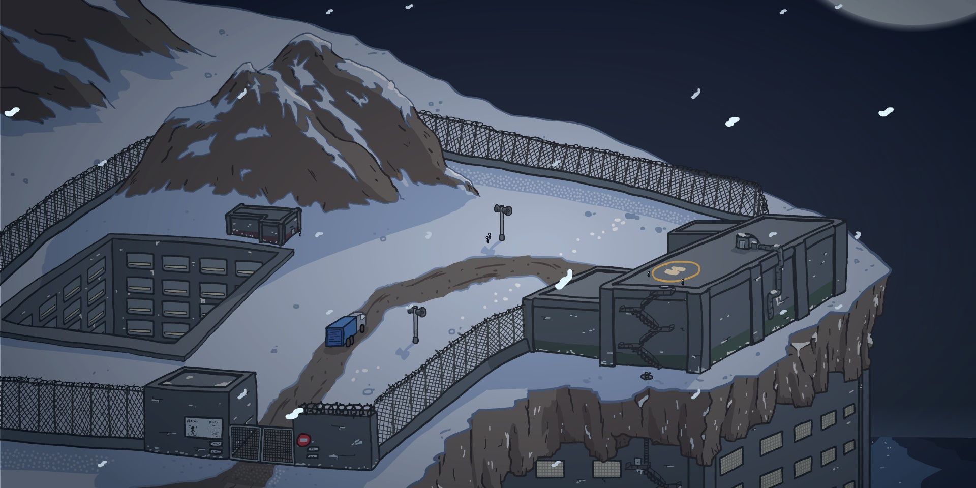 A wide shot of a facility on top of a snowy cliff in The Henry Stickman Collection