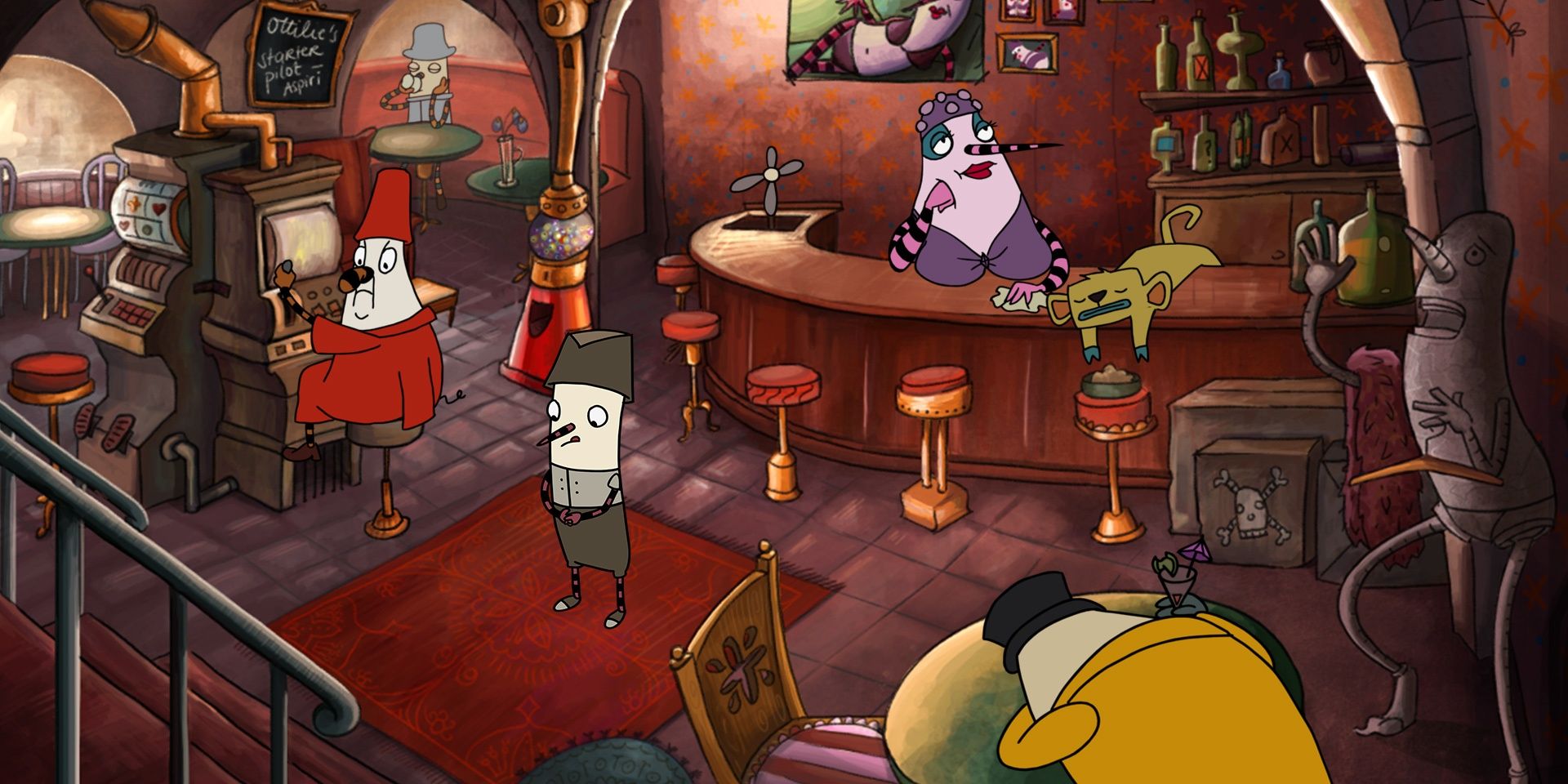 The main character Robert standing in the middle of a bar while other characters go along with their day in The Inner World