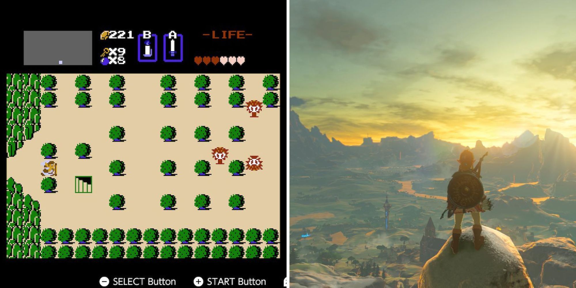 Images of both gameplay from the original Legend of Zelda and Link standing on a cliff looking at the world in Breath of The Wild