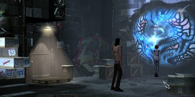 A woman walking towards a glowing portal in a wall with another person behind them in The Longest Journey