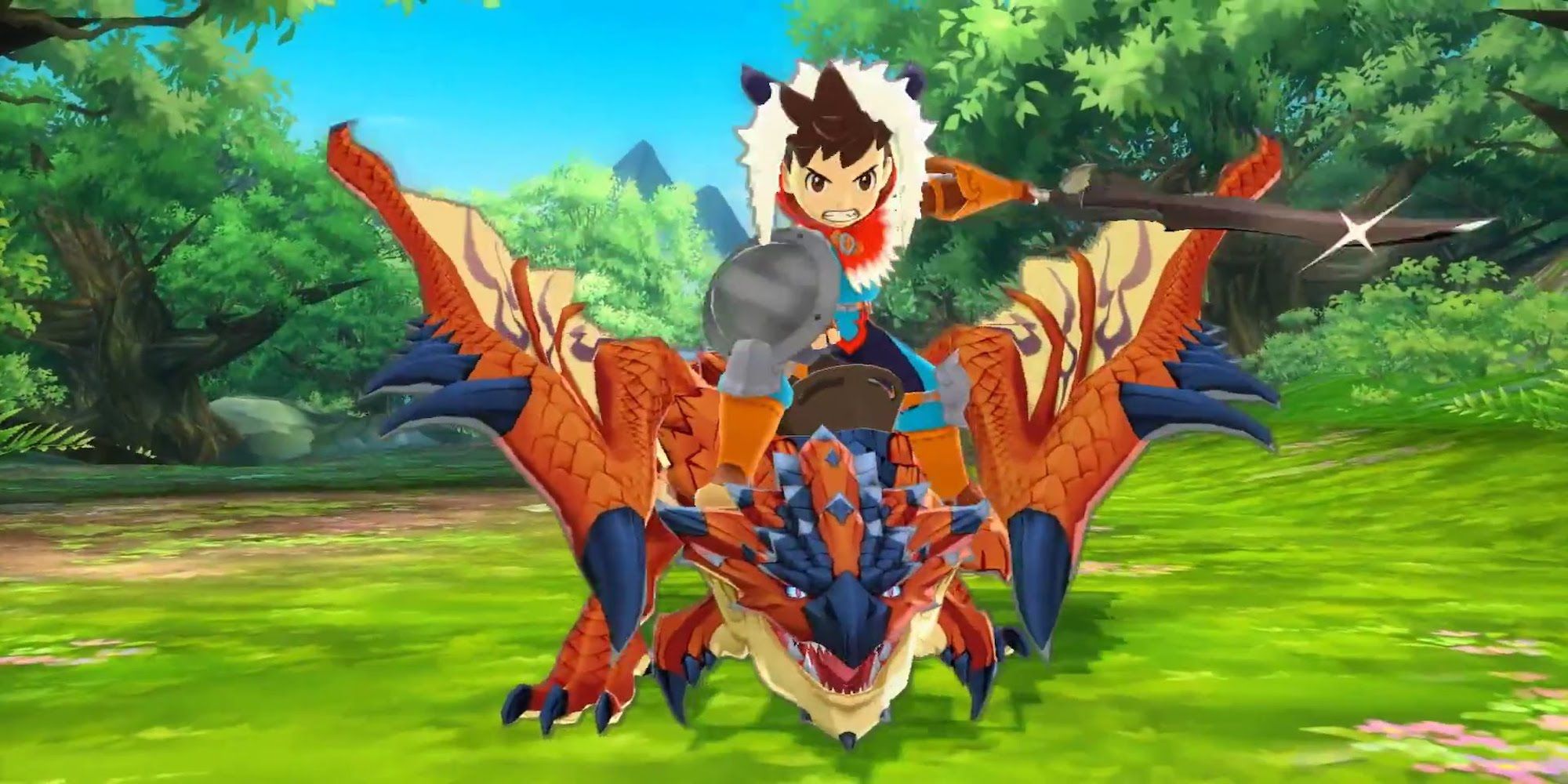 The main character riding Ratha in Monster Hunter Stories
