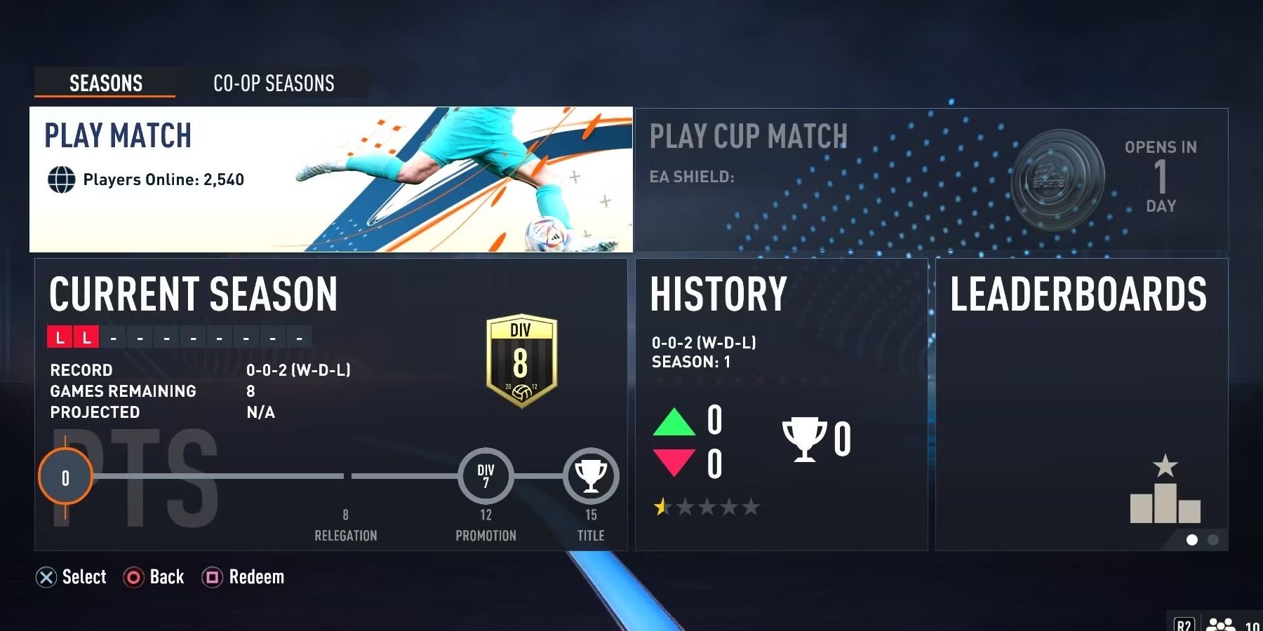The menu of the Seasons game mode on FIFA 23