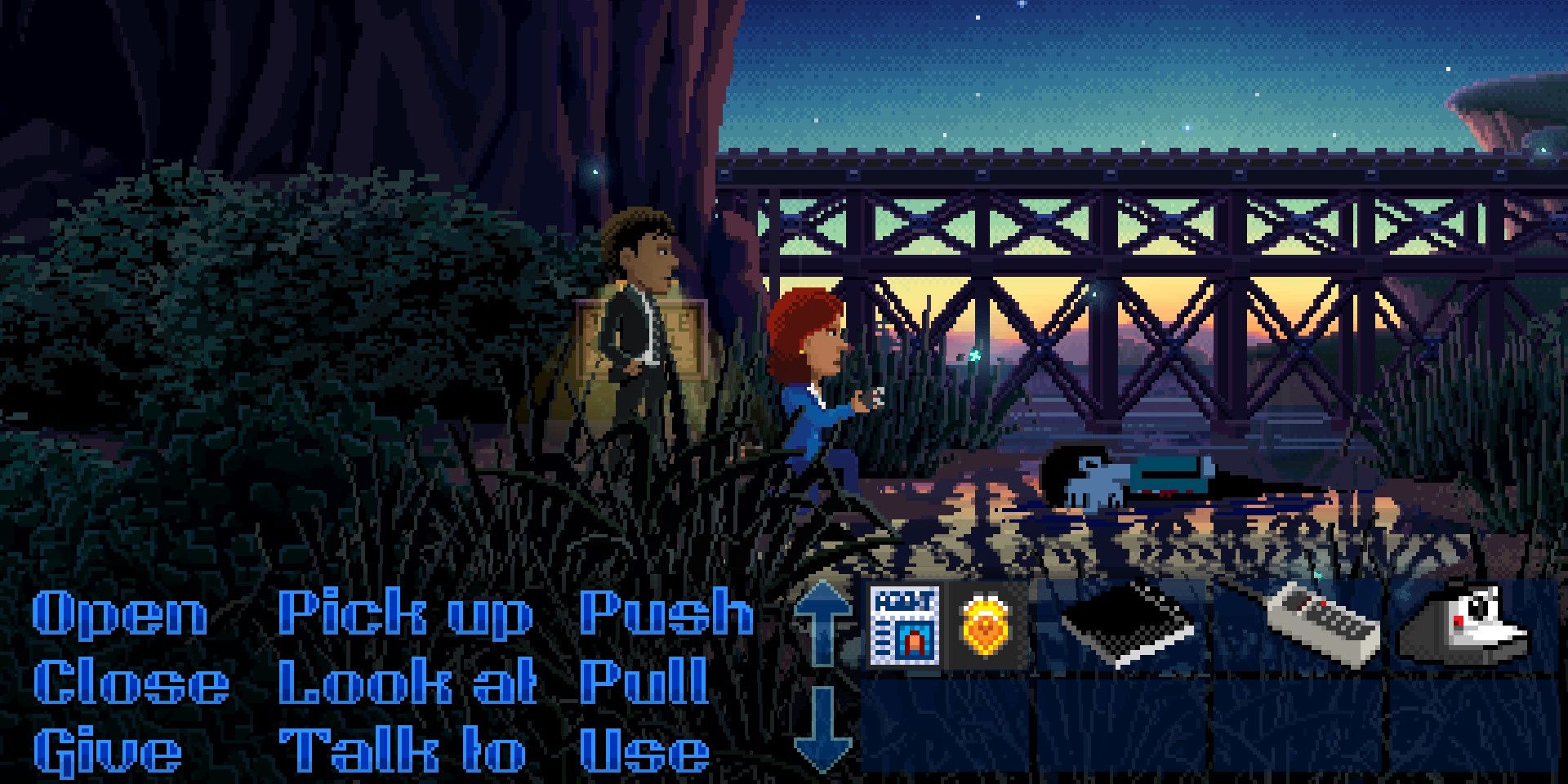 Two characters walking in the dark finding a dead body in Thimbleweed Park