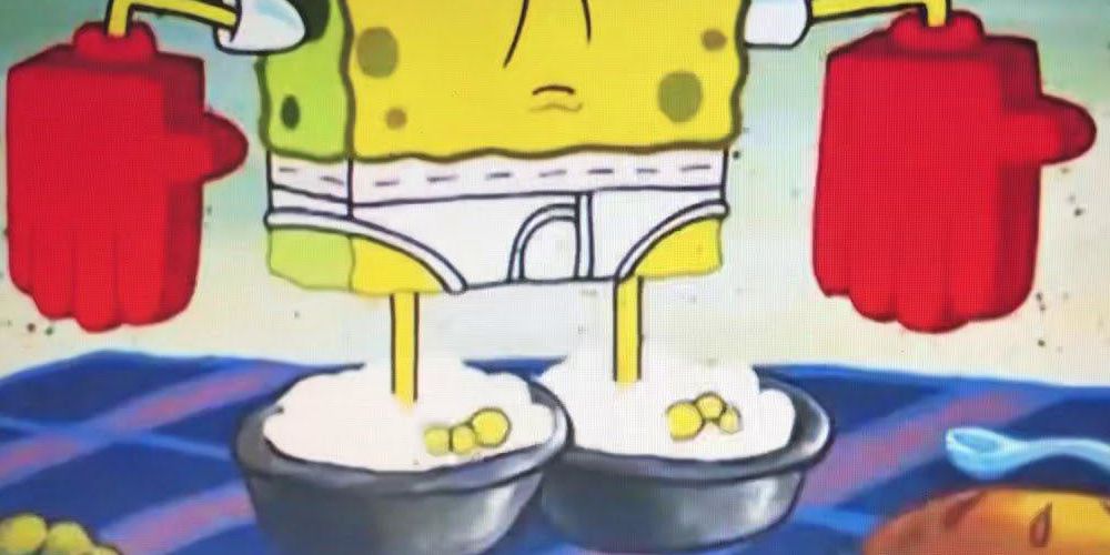 SpongeBob standing in two bowls of potato salad on a picnic blanket at the beach.