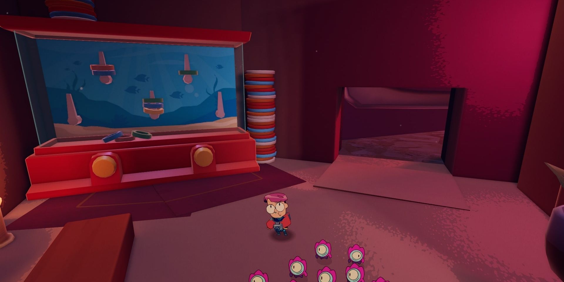 A screenshot of Tinykin standing in front of a hole in wall in the arcade