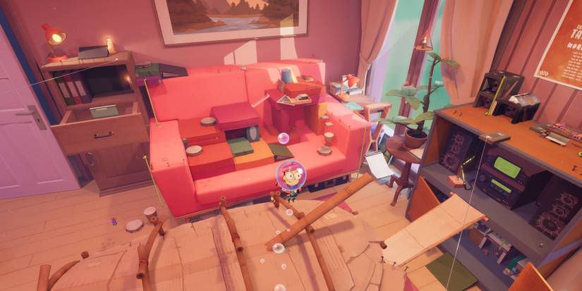 Milo using bubbles to hover over the living room in Tinykin