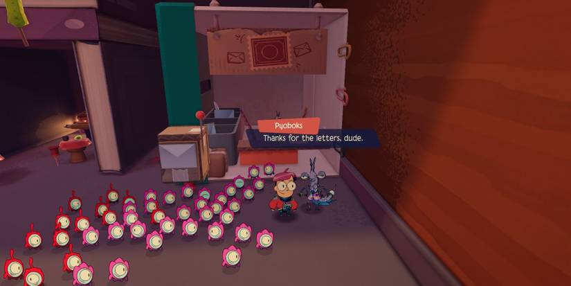 A mantis named Pyoboks who says "Thanks for the letters, dude" to Milo