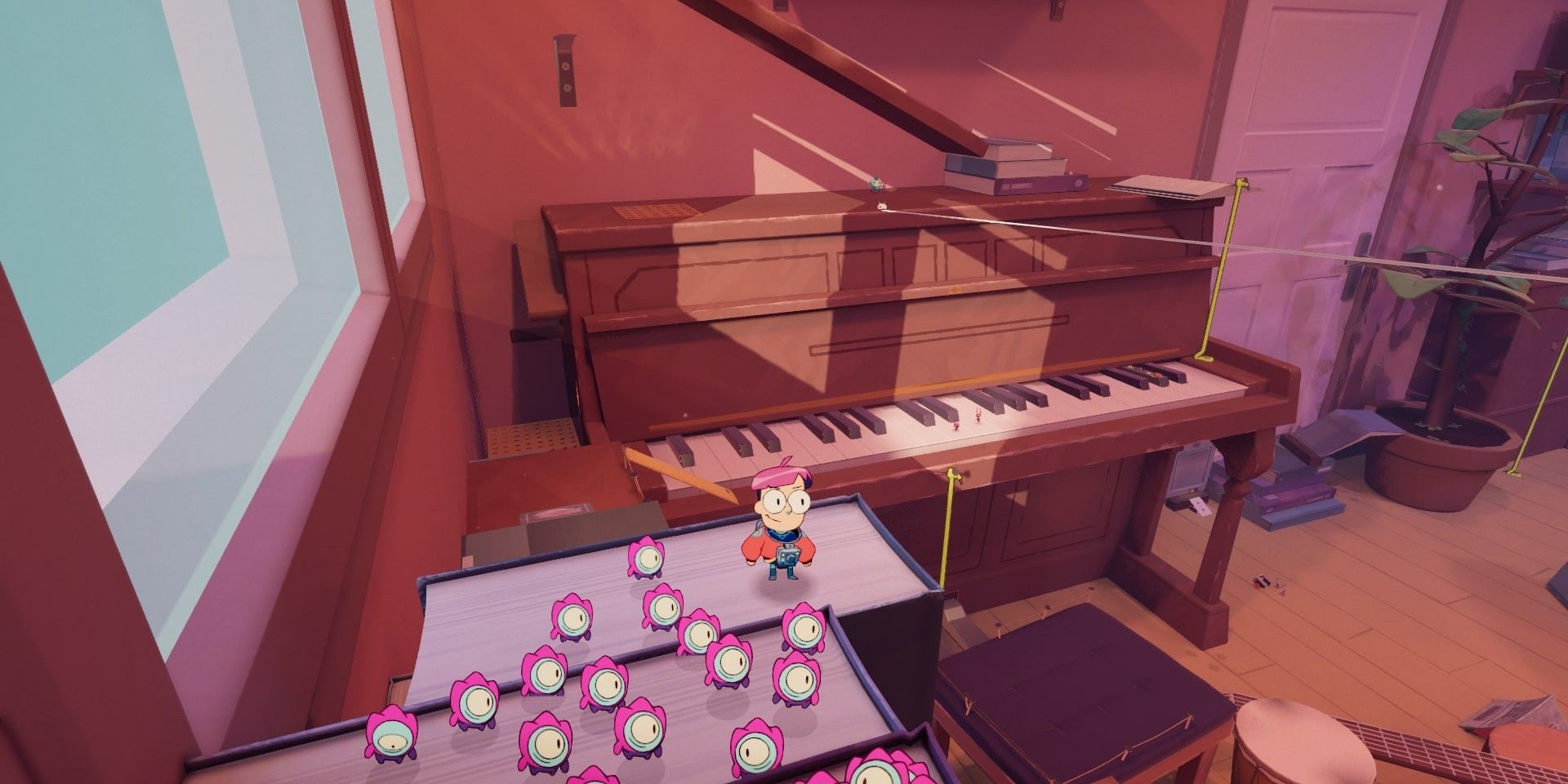 A screenshot of Tinykin's Milo standing in front of a piano