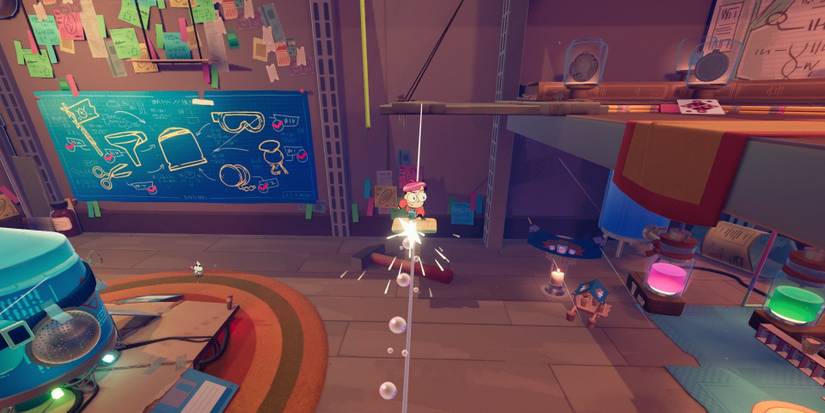 Milo riding a "soapboard" across silk in Tinykin