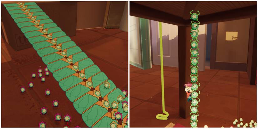 A screenshot of yellow Tinykin forming a bridge and the green Tinykin forming a tower with Milo climbing on it