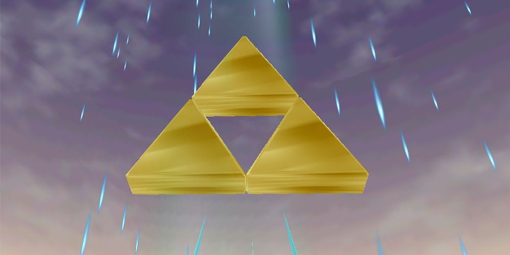 Legend of Zelda Ocarina of Time Triforce floating in raining sky
