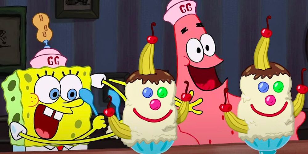 SpongeBob (left) and Patrick (right) enjoy two Triple Gooberberry Sunrises with bananas, cherries, vanilla ice cream, and candy smile faces. Image source: nerdist.com