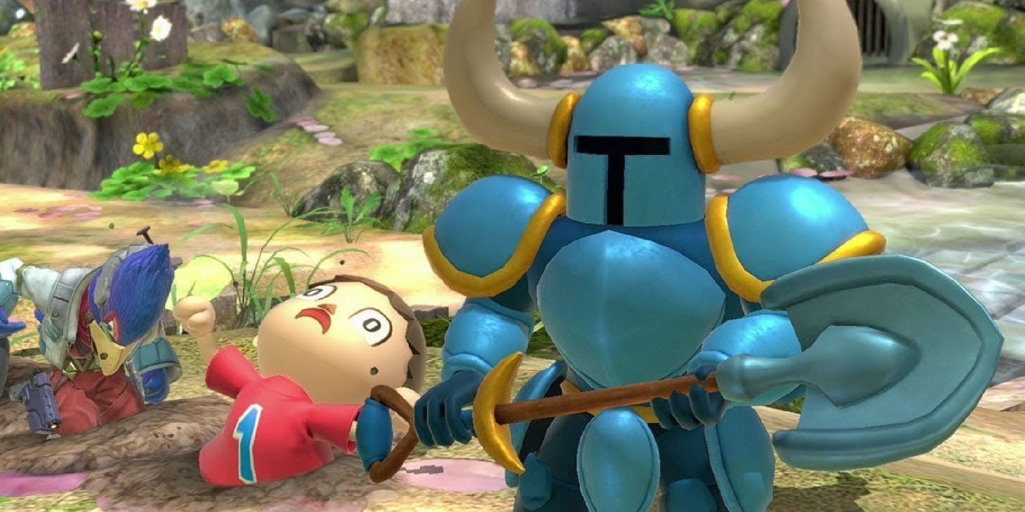 Shovel Knight after burying Falco and Villager in Smash Ultimate