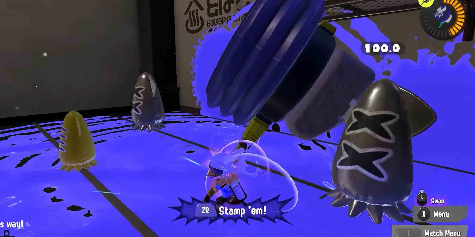 Pounding enemies with the Ultra Stamp special weapon in Splatoon 3
