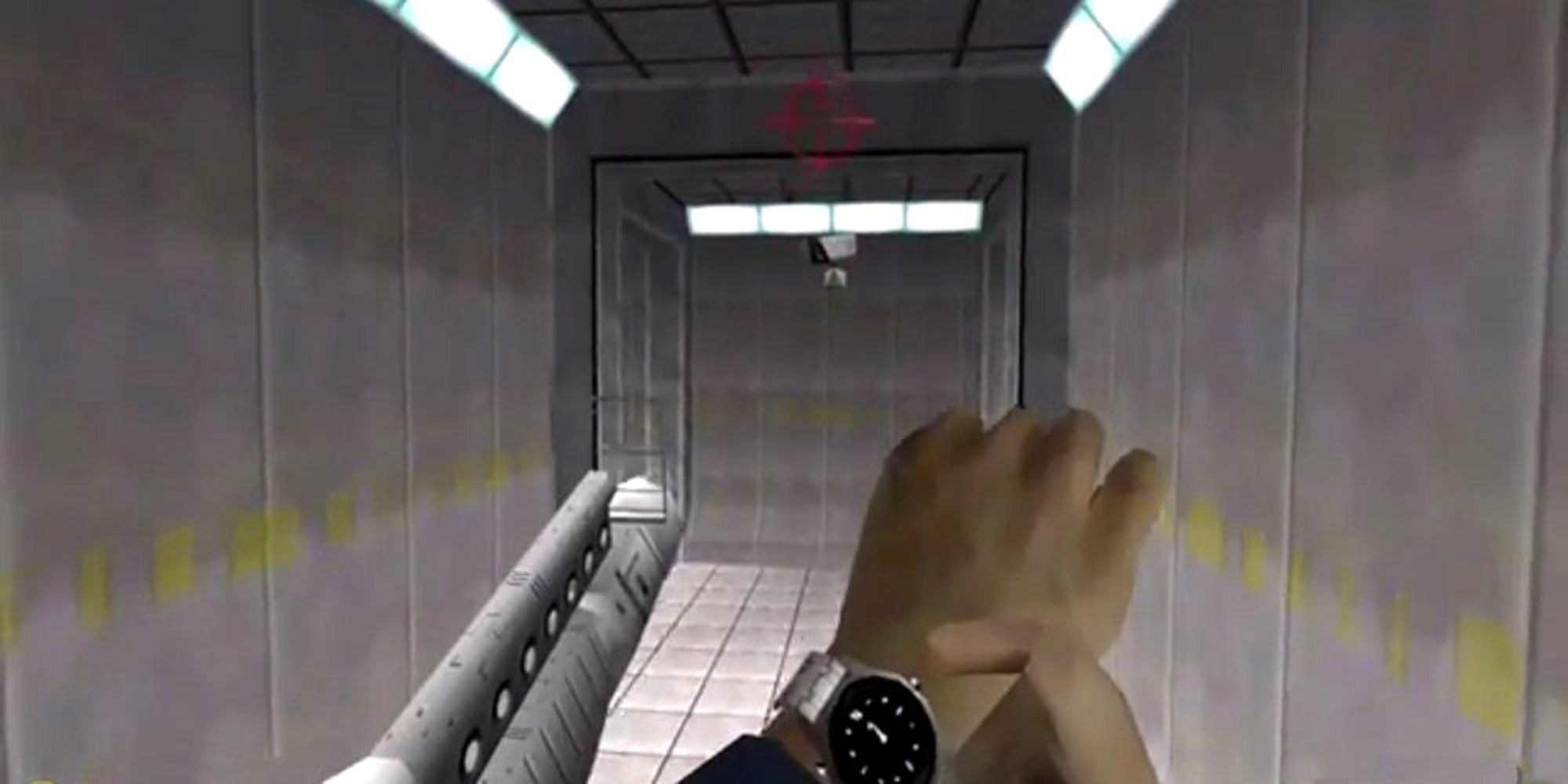 James Bond's watch about to shoot a security camera In Goldeneye 007 Nintendo 64