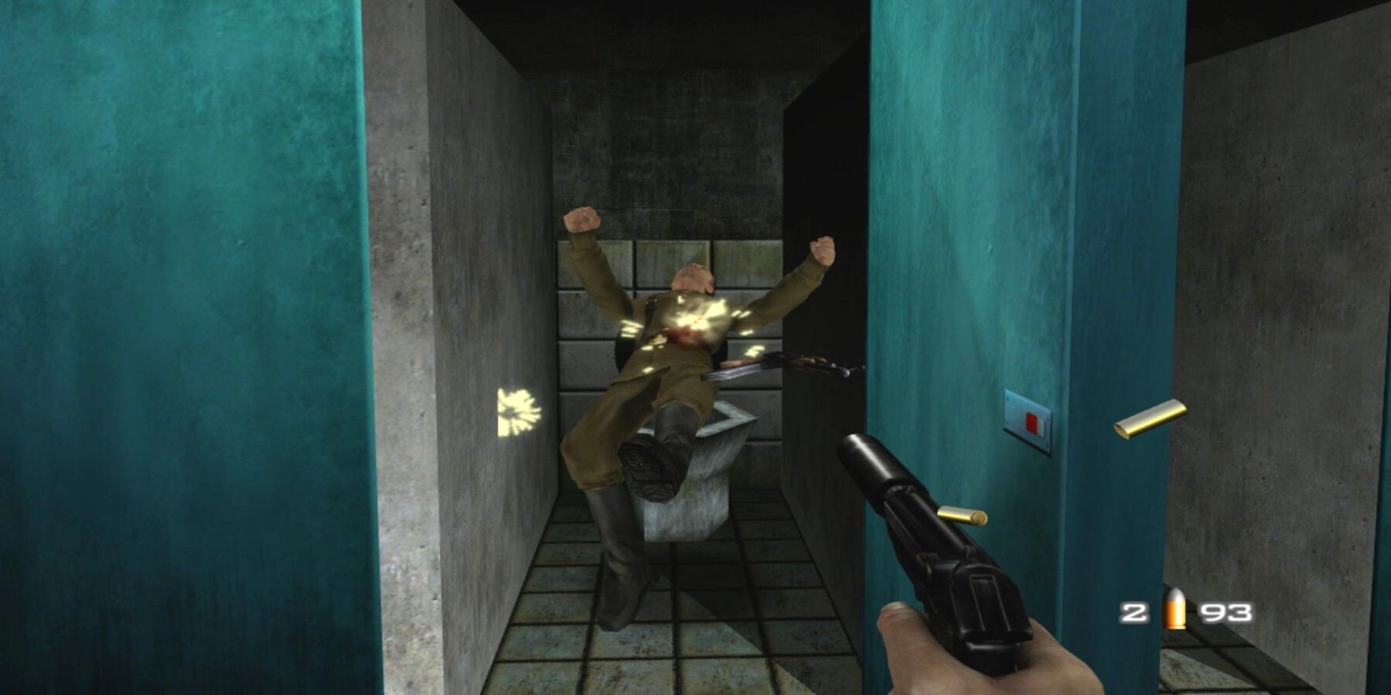 A Guard On The Toilet In The Facility Level In Goldeneye 007 On Nintendo 64