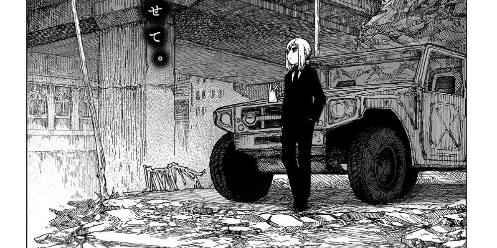 a manga panel featuring a young girl in a suit standing next to a jeep in an abandoned city