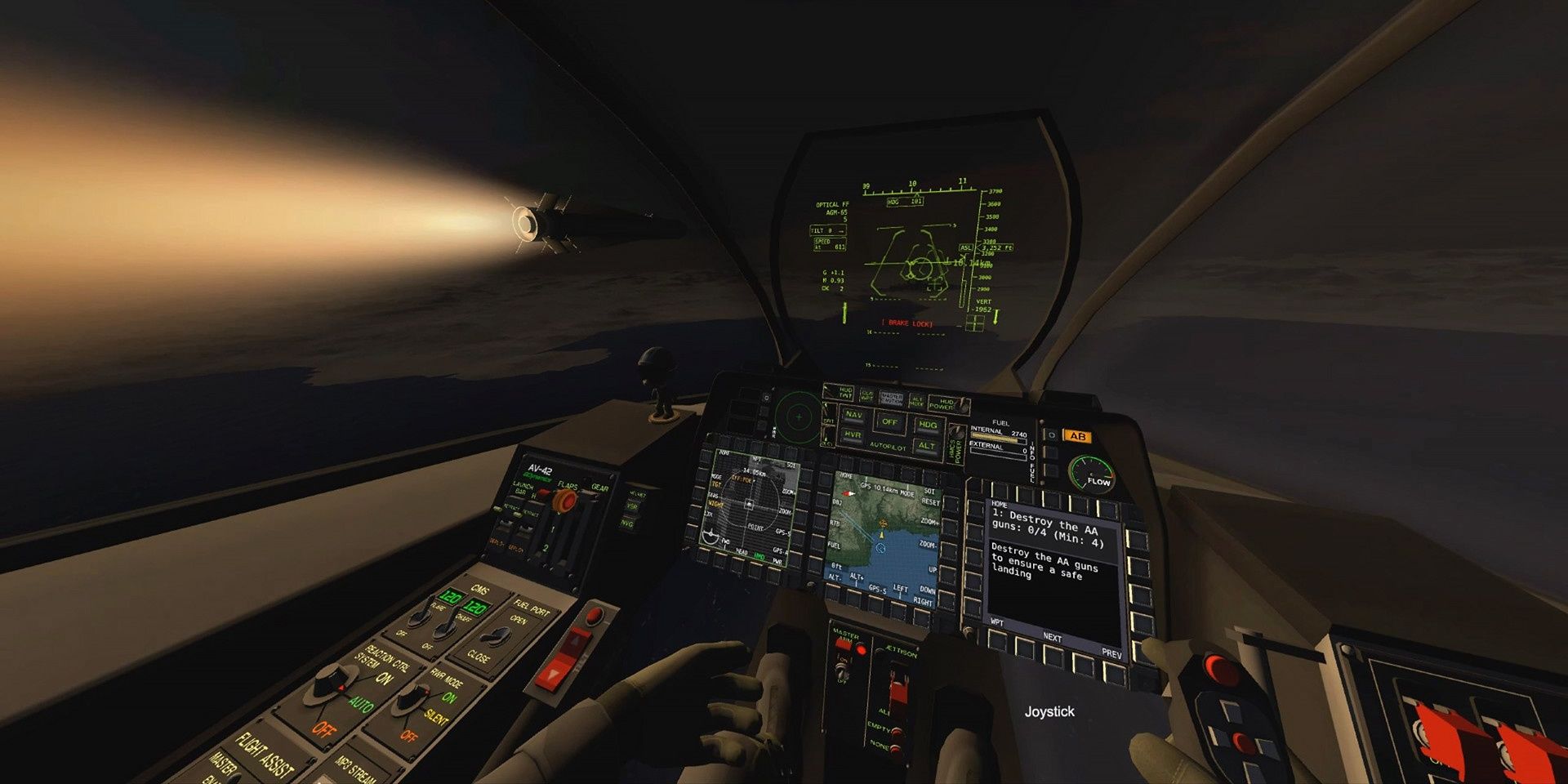 A player flying inside a jet in VOTL VR while it's dark
