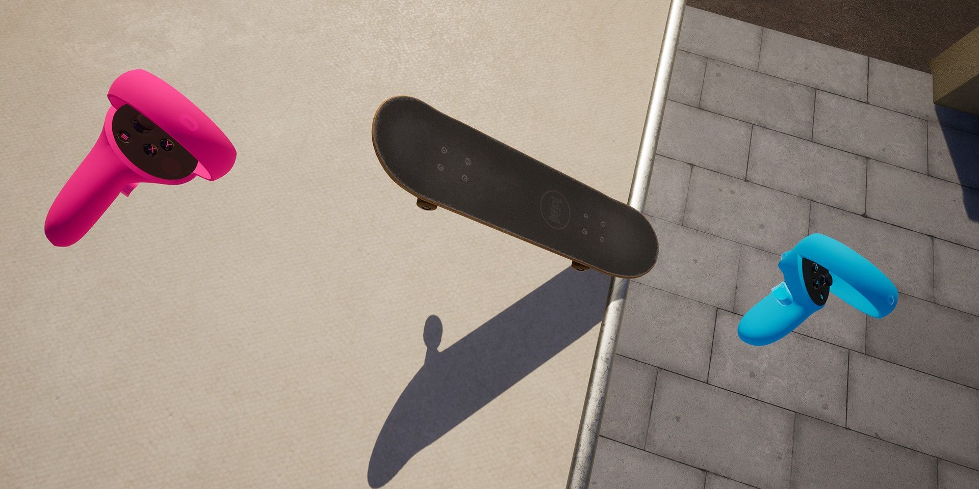 A skateboard at an angle flanked by a pink and blue VR controller in VR Skater
