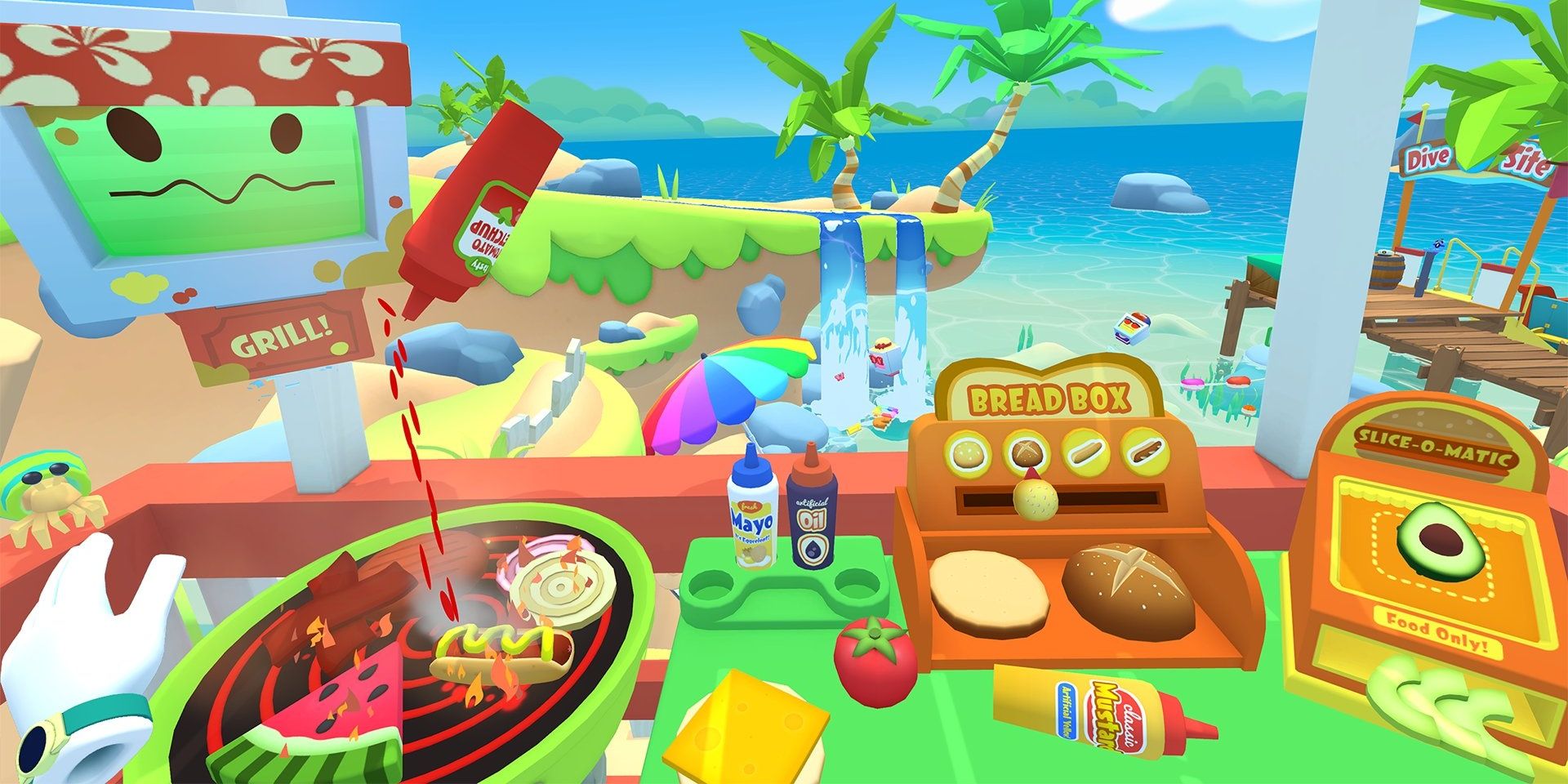 Игрок, наливающий соус на хот-дог в «Симуляторе отпуска»