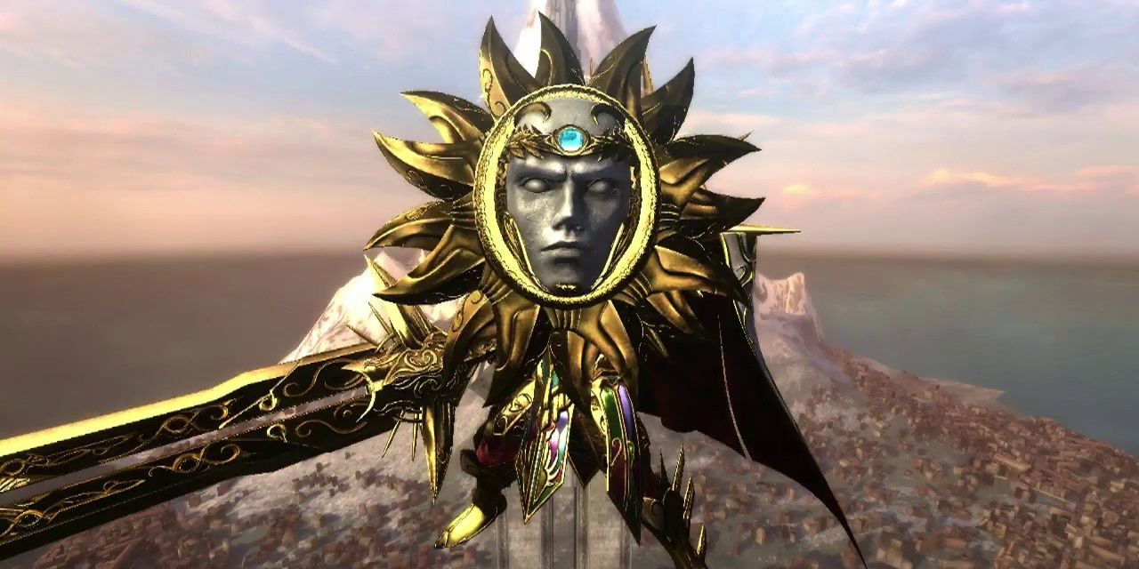 The boss Valor floating in the sky with his huge sword in Bayonetta 2