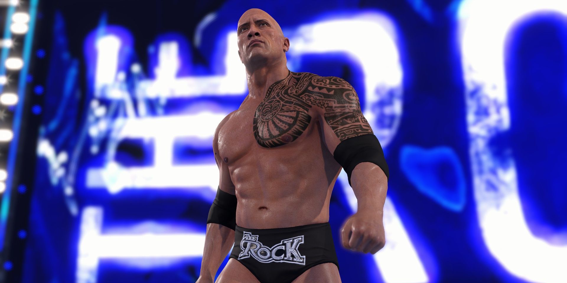 A WWE 2K22 screenshot of The Rock walking out onto the stage