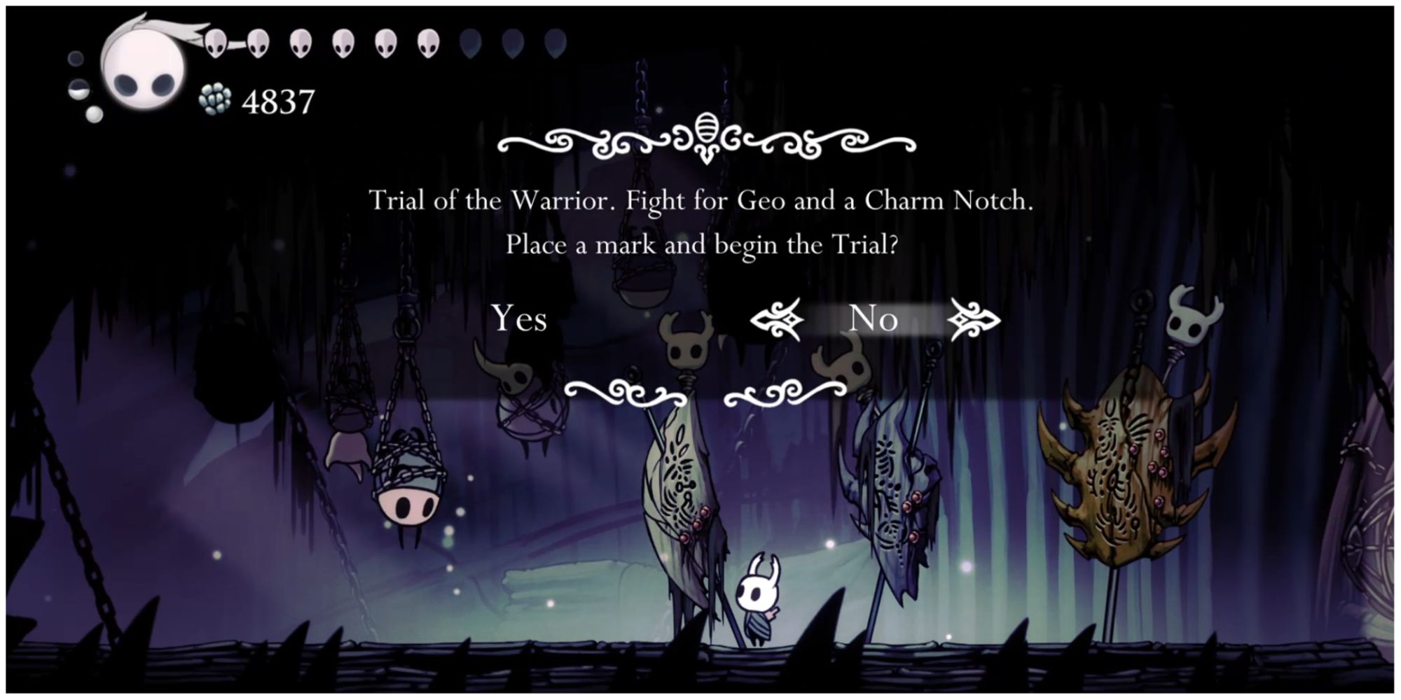 Hollow Knight Trial of the Warrior prompt in the Colosseum of Fools