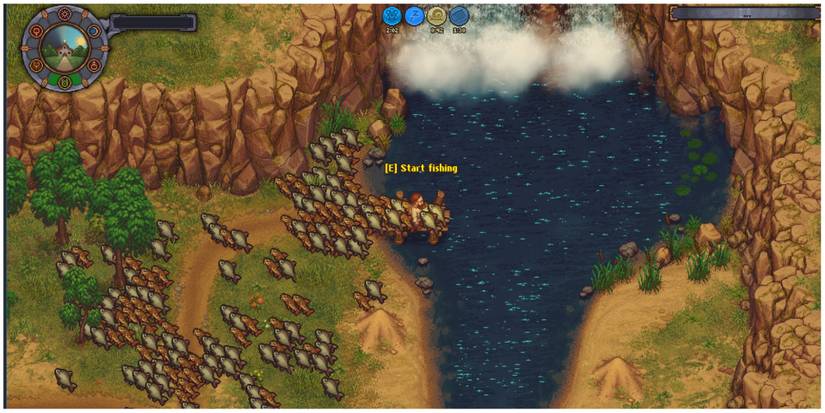 Graveyard Keeper fishing at the waterfall