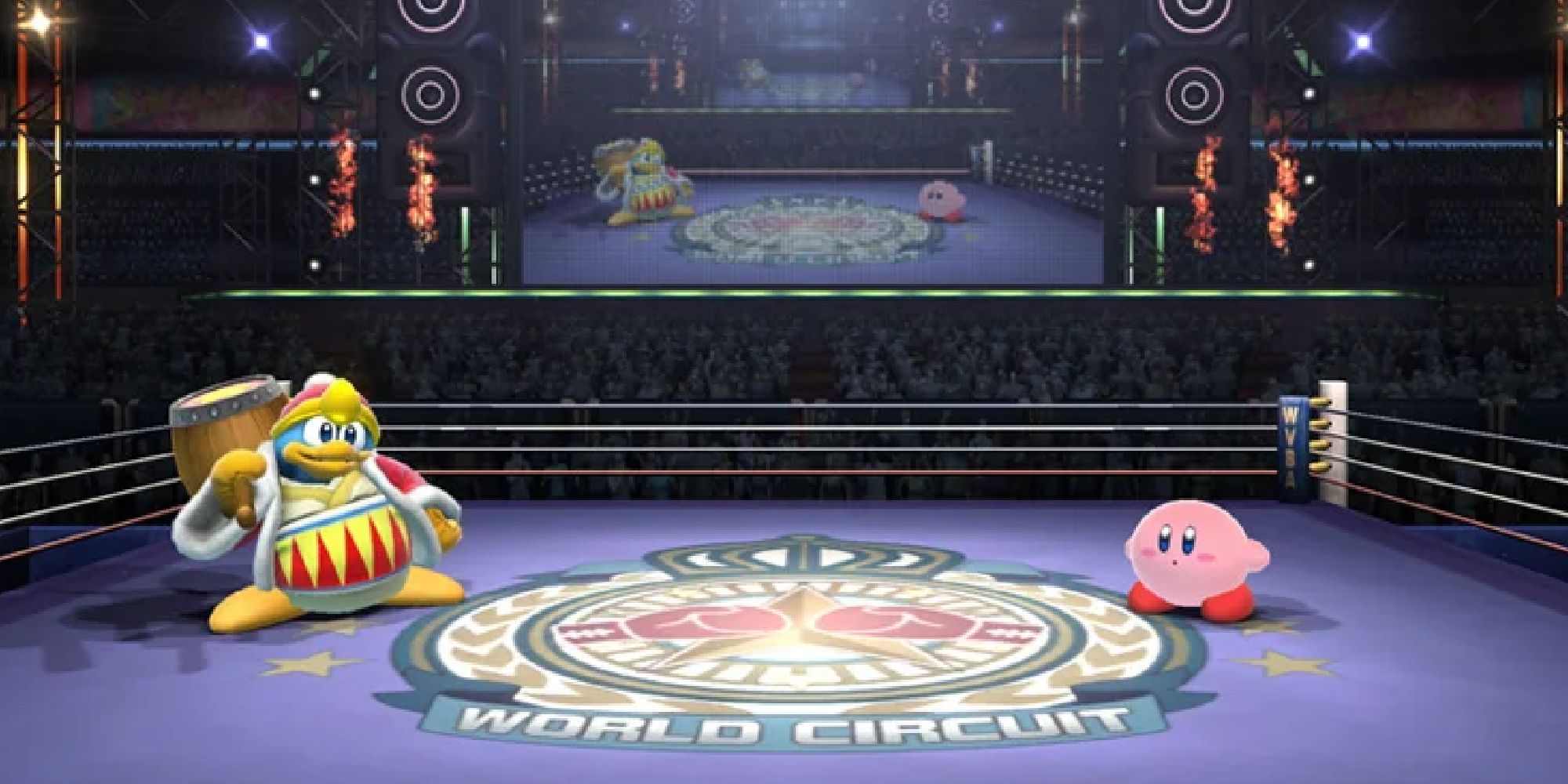 Kirby facing King Dedede on the Boxing Ring stage in Smash Wii U