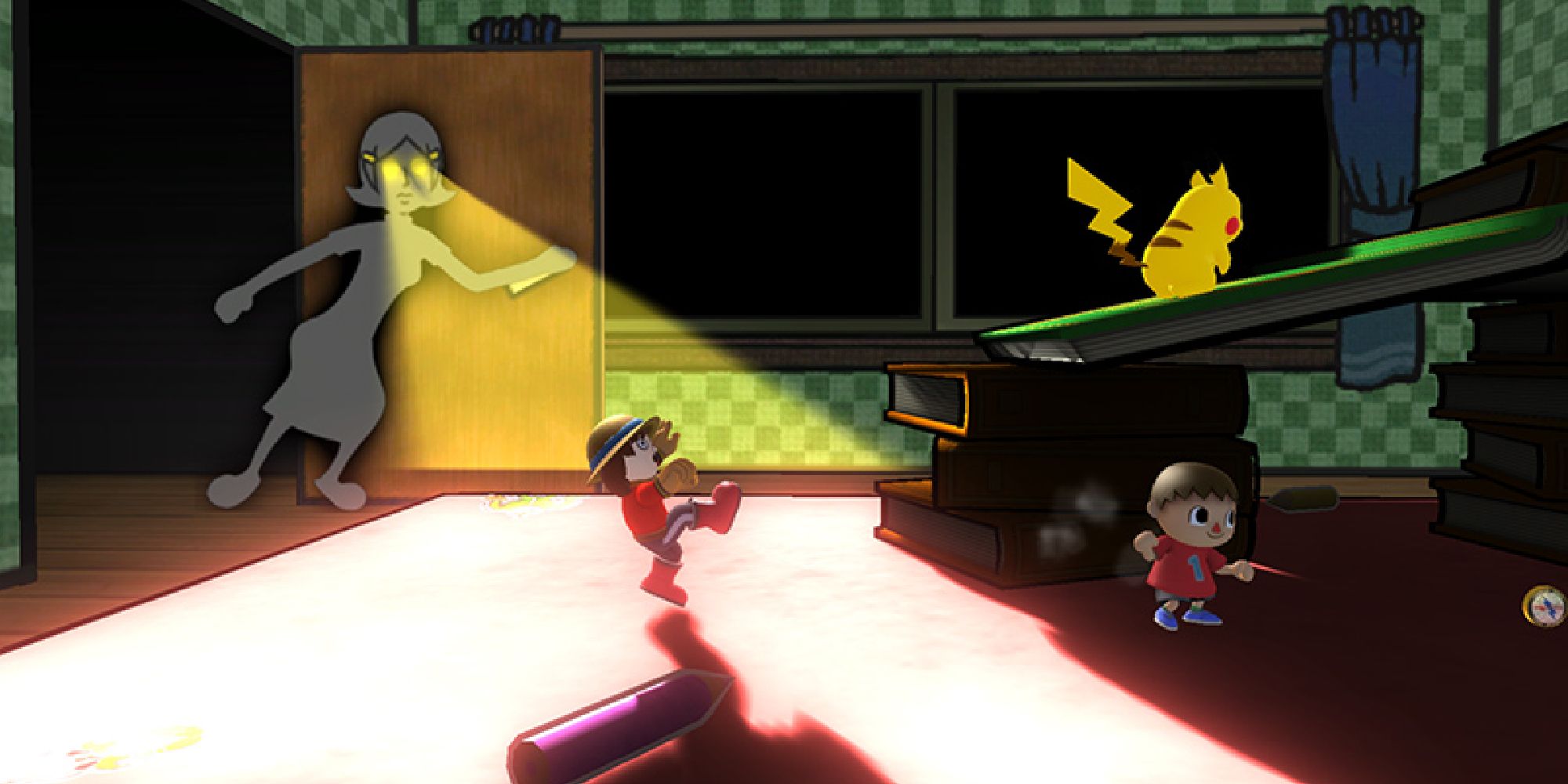 A Mii Brawler being spotted by 5-Volt on the Gamer stage in Smash Wii U