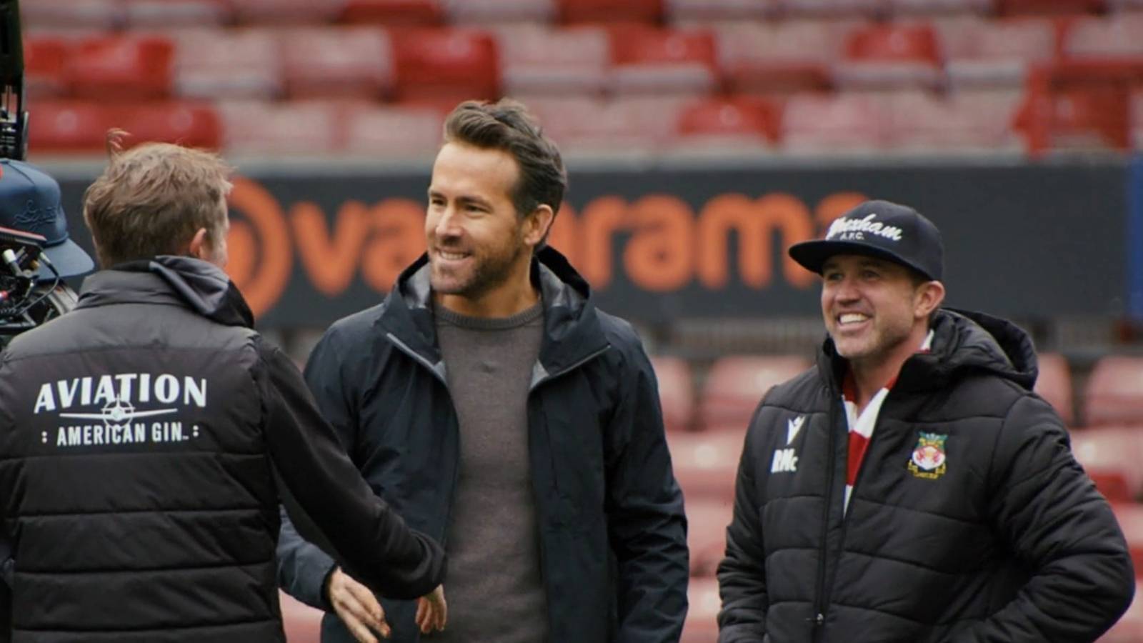 Ryan Reynolds and Rob McElhenney with Wrexham manager Phil Parkinson