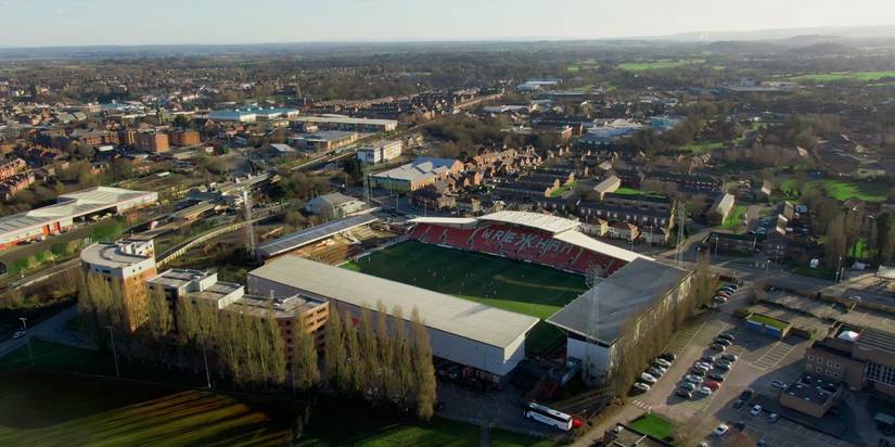 Wrexham Racecourse stadium in Bird's-eye view