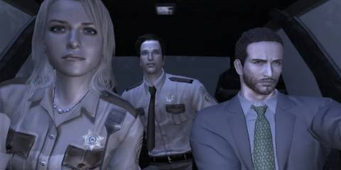 Agent Morgan and other characters in a police car in Deadly Premonition
