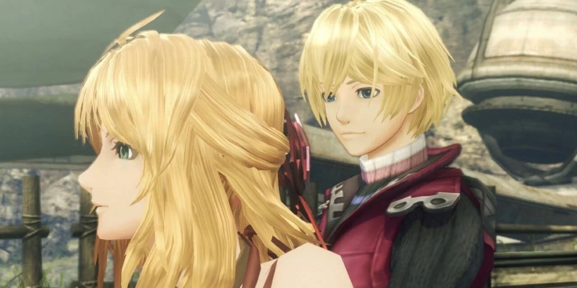 Shulk staring at Fiora in a cutscene from Xenoblade Chronicles
