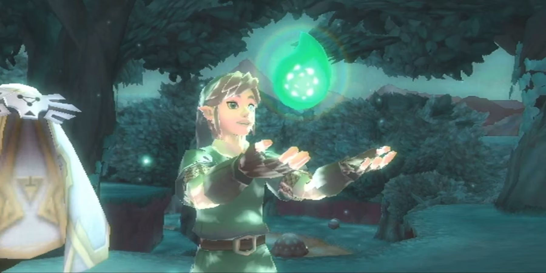 Link with a Sacred Teardrop in one of the Sacred Realms from The Legend of Zelda: Skyward Sword
