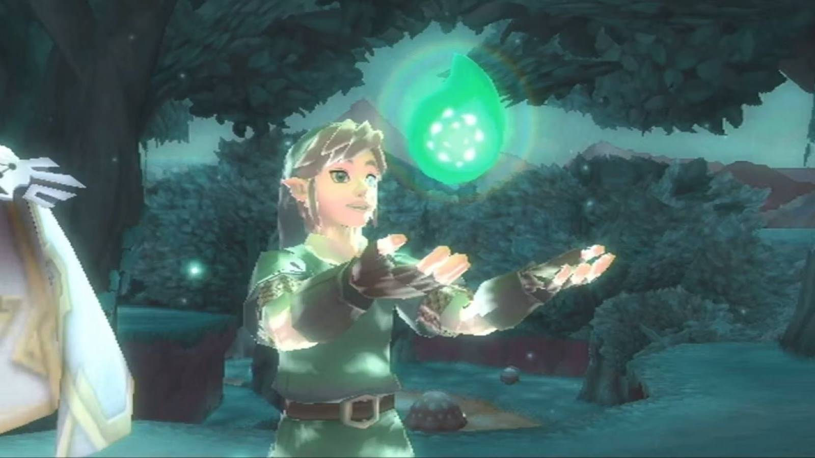 Link holding a Sacred Tear in one of The Legend of Zelda: Skyward Sword's Sacred Realms