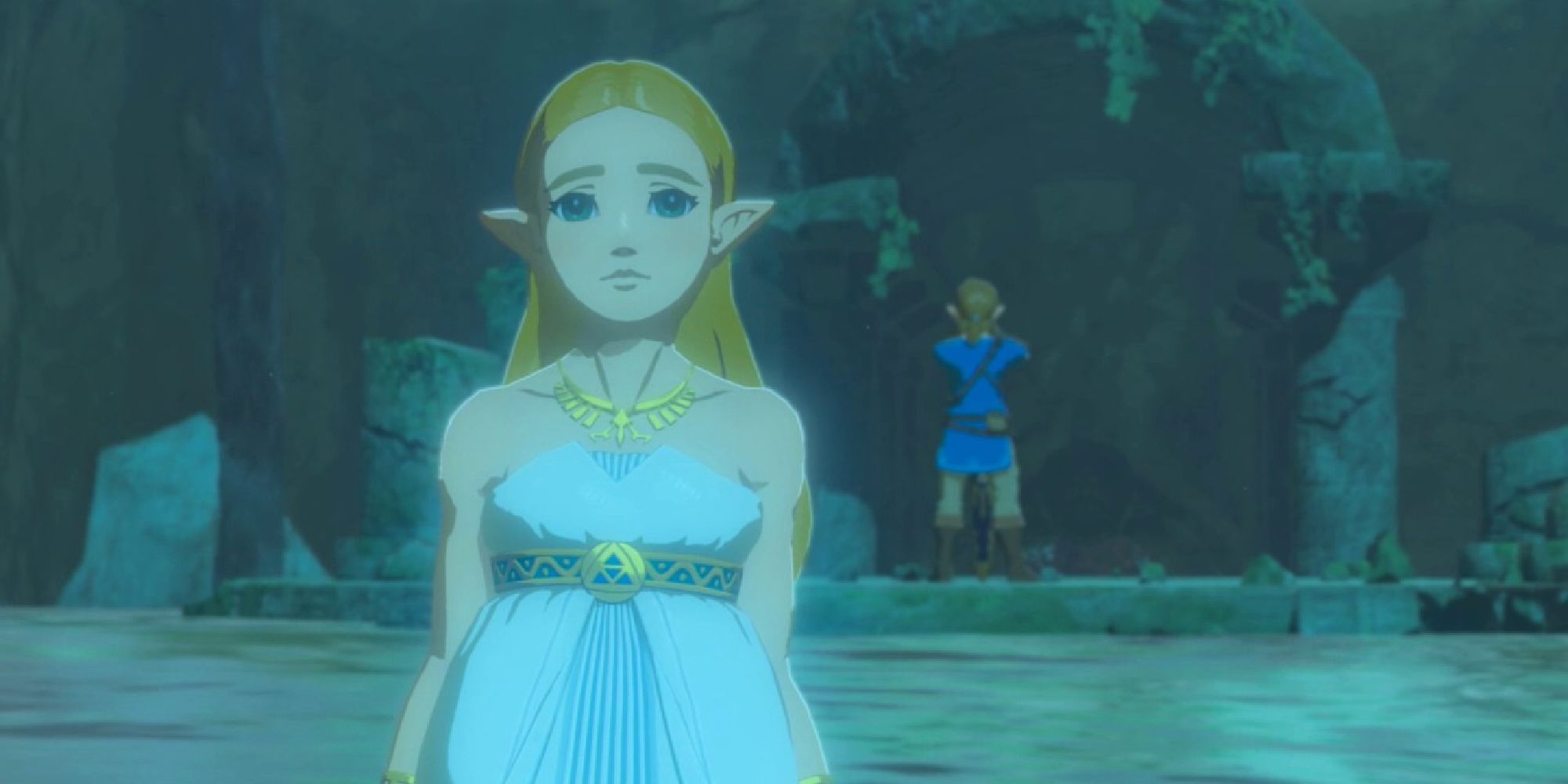 Zelda and Link facing opposite directions in a Recovered Memory from Breath of the Wild